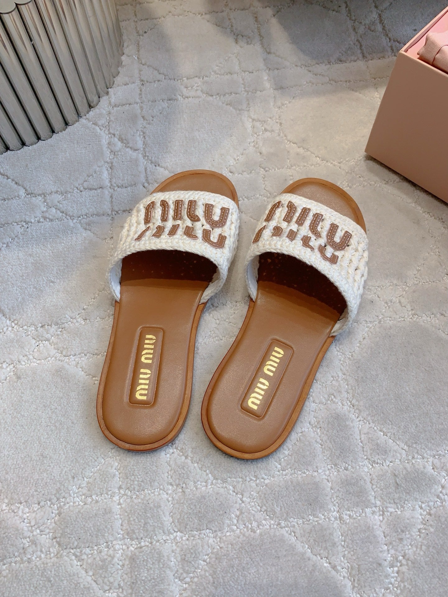 MIUMIU 26S SLIDE SANDALS IN WHITE CALFSKIN AND WOOL