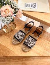Loew Anagram Black White Beige Leather And Canvas Espadrille Sandals