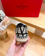 VALENTINO 26S SLIP ON SHOES IN BLACK AND BEIGE JACQUARD CANVAS
