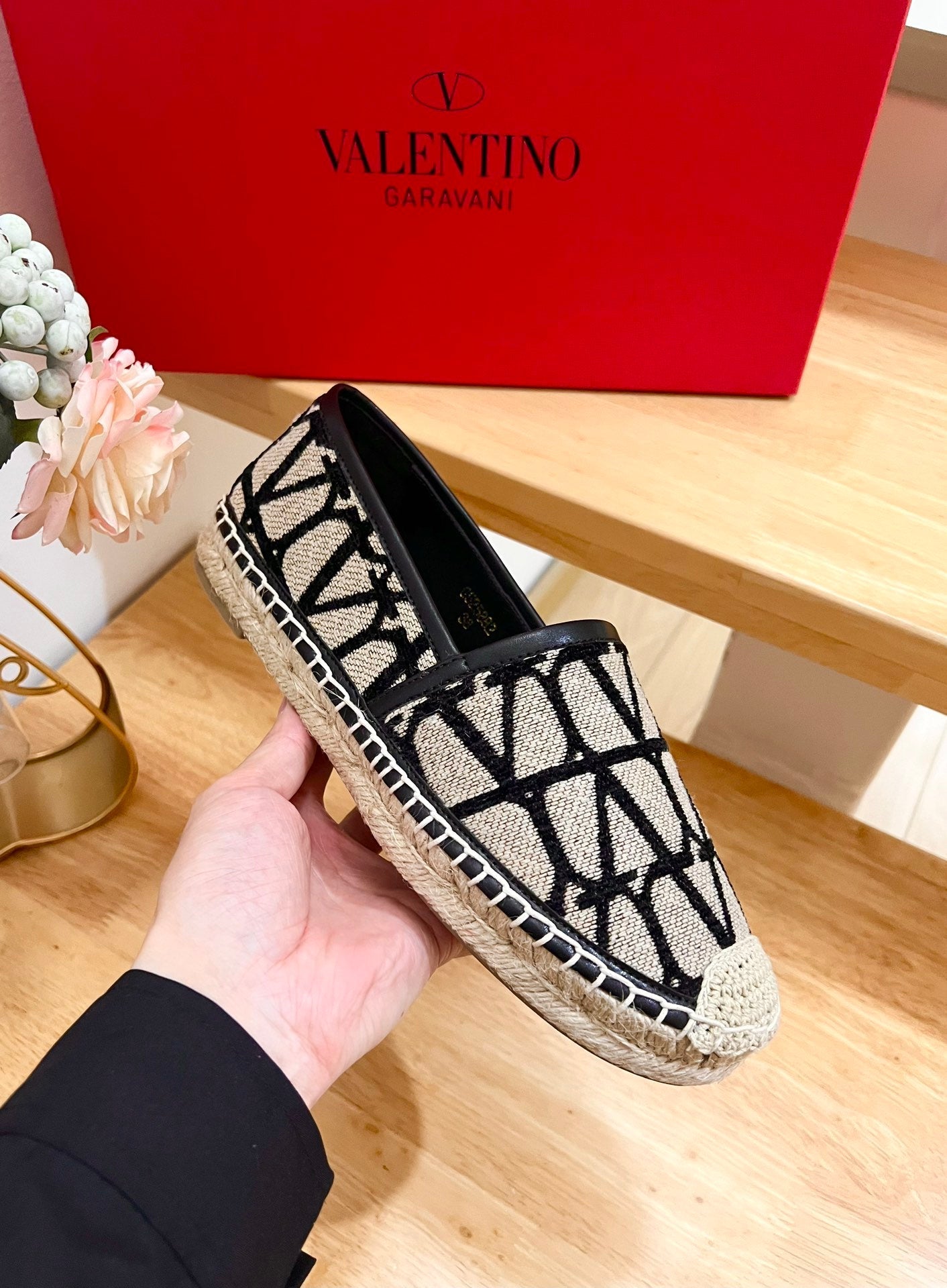 VALENTINO 26S SLIP ON SHOES IN BLACK AND BEIGE JACQUARD CANVAS