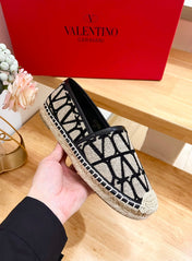 VALENTINO 26S SLIP ON SHOES IN BLACK AND BEIGE JACQUARD CANVAS