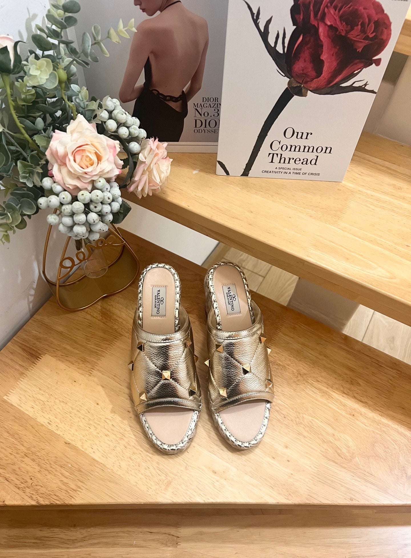 VALENTINO 26S WEDGE SANDALS IN LIGHT GOLD CALFSKIN