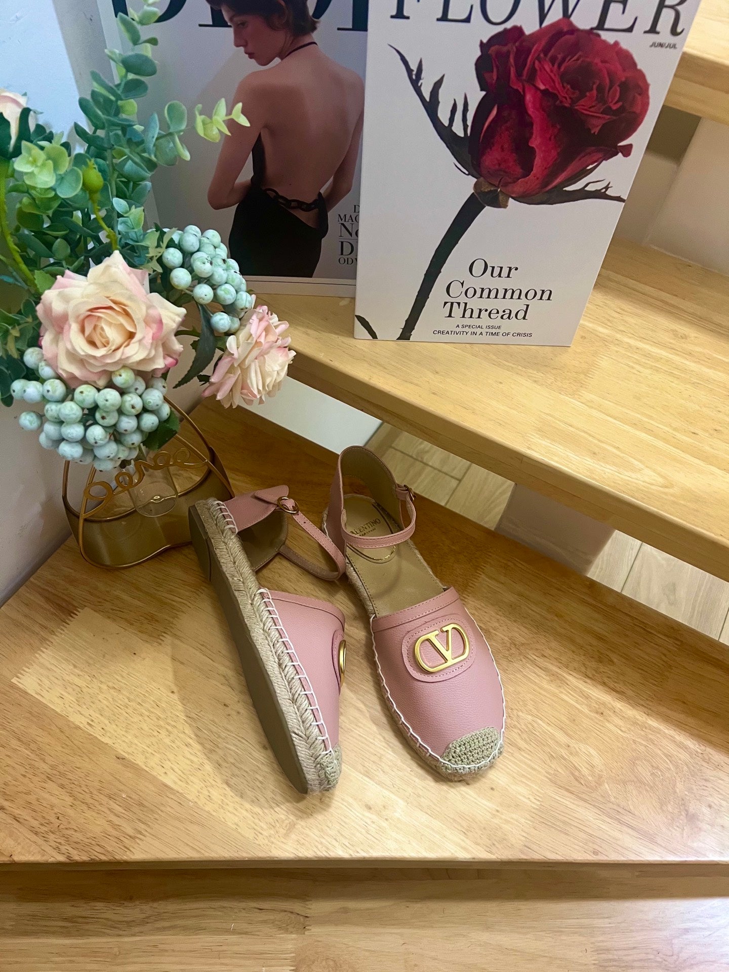 VALENTINO 26S ESPADRILLE SHOES IN LIGHT PINK CALFSKIN
