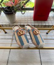 VALENTINO 26S ESPADRILLE MULES IN BLUE AND BEIGE RAFFIA