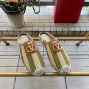 VALENTINO 26S ESPADRILLE MULES IN GREEN AND BEIGE RAFFIA