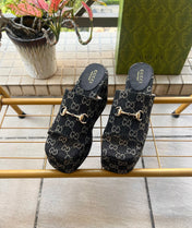 GUCCI 26S WEDGE SANDALS 100 MM IN BLACK DENIM