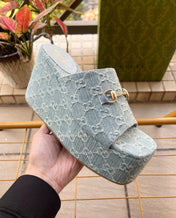 GUCCI 26S WEDGE SANDALS 100 MM IN LIGHT BLUE DENIM