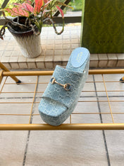 GUCCI 26S WEDGE SANDALS 100 MM IN LIGHT BLUE DENIM