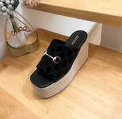 GUCCI 26S WEDGE SANDALS 100 MM IN BLACK VELVET