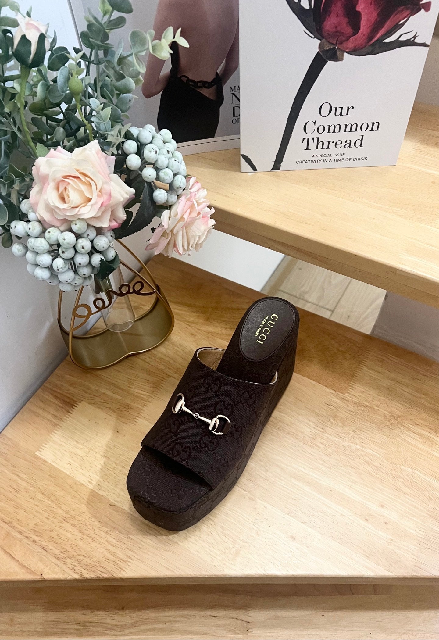 GUCCI 26S WEDGE SANDALS 100 MM IN DARK BROWN CANVAS