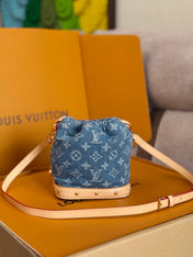 LV 25S NANO NOÉ 20 IN BLUE DENIM MONOGRAM LEATHER TRIM GOLD HARDWARE