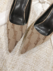POINTED HIGH MULES IN BEIGE MONOGRAM JACQUARD FABRIC