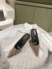 POINTED HIGH MULES IN BEIGE MONOGRAM JACQUARD FABRIC