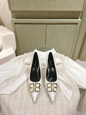 POINTED BB GOLD BUCKLE HIGH PUMPS 85MM IN WHITE PATENT CALFSKIN