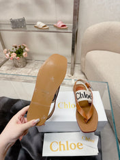 CHLOÉ THONG SANDALS IN CINNAMON BROWN CALFSKIN AND WHITE CANVAS