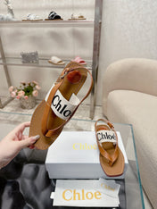 CHLOÉ THONG SANDALS IN CINNAMON BROWN CALFSKIN AND WHITE CANVAS
