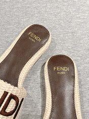 FENDI SIGNATURE MULE SLIDES IN WHITE FIBRE WITH BROWN EMBROIDERED LOGO