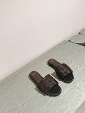 FENDI SIGNATURE MULE SLIDES IN DARK BROWN FIBRE