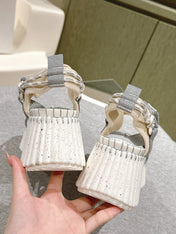 CHLOÉ 26S WEDGE SANDALS IN WHITE LAMBSKIN AND GREY CANVAS