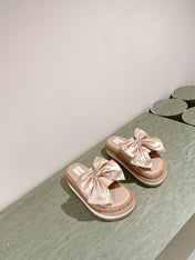 CC SLIPPERS WITH SILK BOW IN BEIGE ALMOND COWHIDE