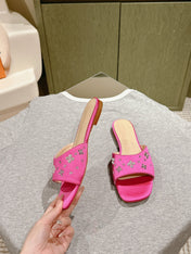 LV WOMEN FLAT MULE IN DEEP PINK SATIN WITH RHINESTONE