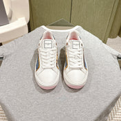 BALMAIN 26S SNEAKERS IN WHITE CALFSKIN AND BLUE CANVAS WITH LIGHT PINK SOLE