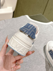 BALMAIN 26S SNEAKERS IN WHITE CALFSKIN AND BLUE CANVAS WITH BLUE SOLE