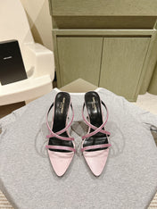 HIGH HEEL MULE 10 CM IN BABY PINK SATIN WITH RHINESTONES