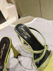 HIGH HEEL MULE 10 CM IN OLIVE GREEN SATIN WITH RHINESTONES