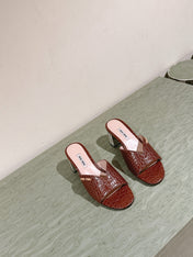 JEWELLED HEEL 55 MULE SANDALS IN RUSET BROWN CALFSKIN