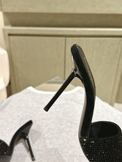 YSL 25S HEELED SANDALS 100 MM IN BLACK LAMBSKIN WITH RHINESTONE-EMBELLISHED STRAP