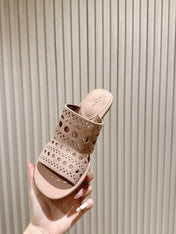 ALAIA HIGH HEEL CHUNKY TWO-STRAP 25S IN PINK BEIGE SUEDE