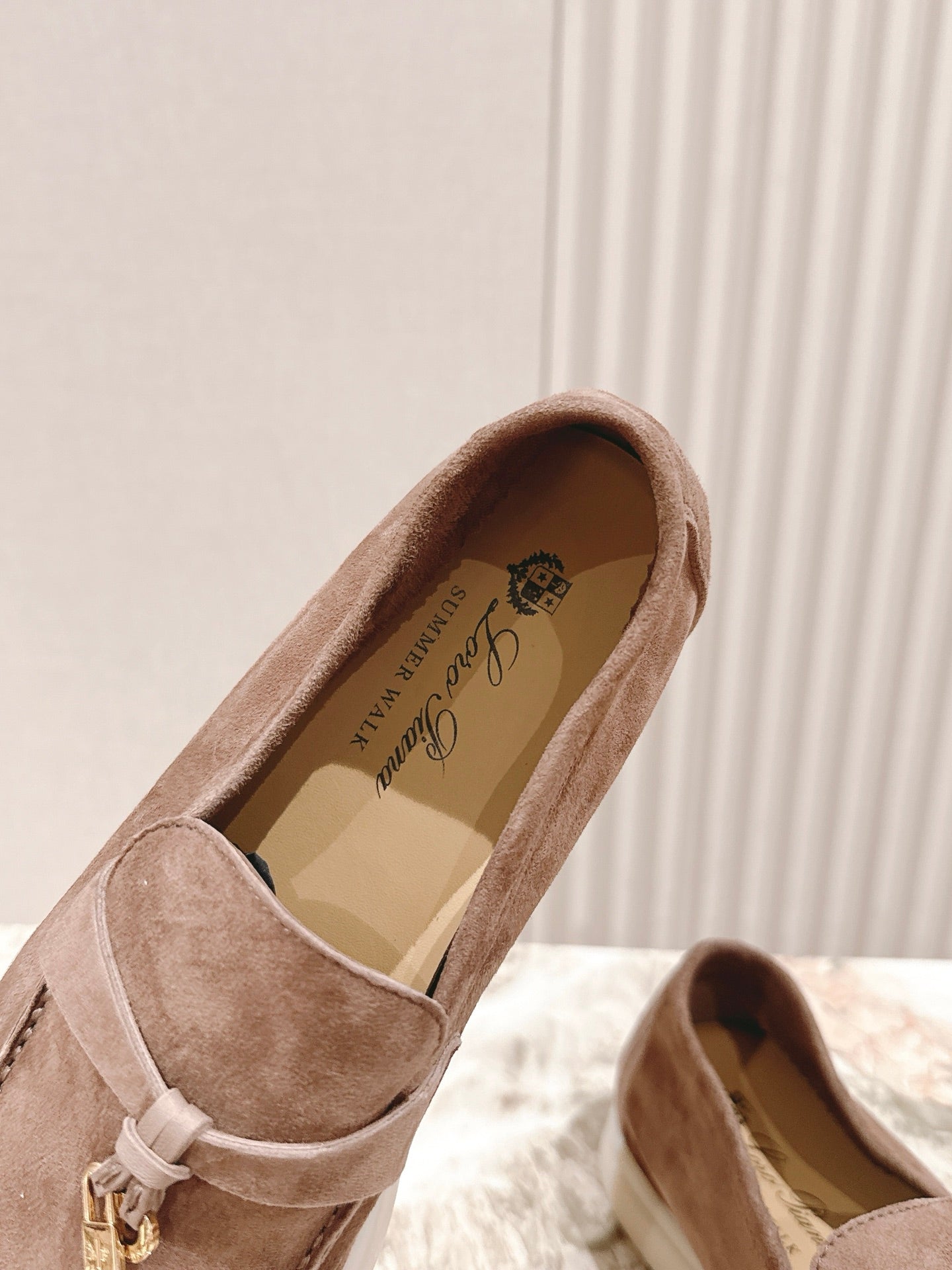 SUMMER WALK LOAFERS BROWN SUEDE WITH GOLD PADLOCK CHARM