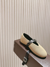 ALAIA MARY JANE 25S IN BEIGE RAFFIA AND BLACK LAMBSKIN WITH SILVER HARDWARE