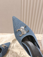 CELINE 25S ALMA TRIOMPHE MULE 45MM IN DENIM SILVER HARDWARE