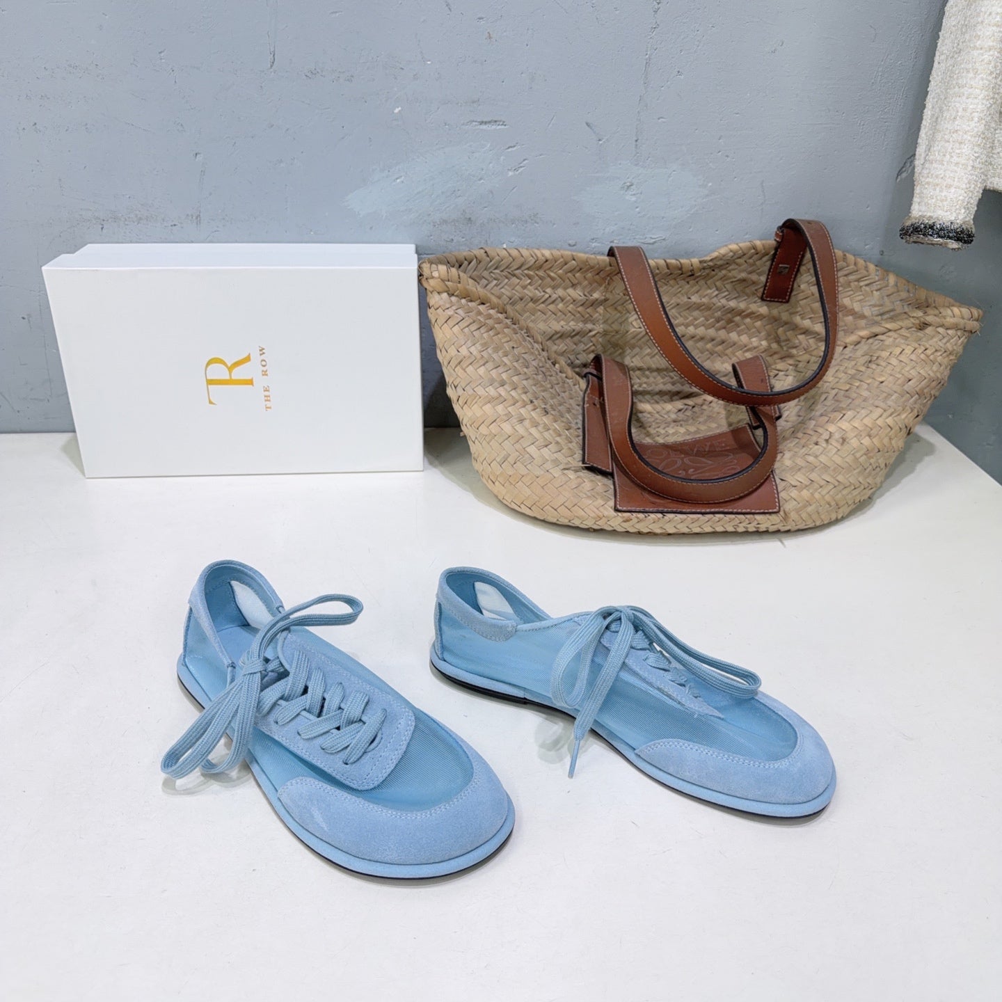 THE ROW 26S LACE UP SNEAKERS IN LIGHT BLUE SUEDE AND MESH