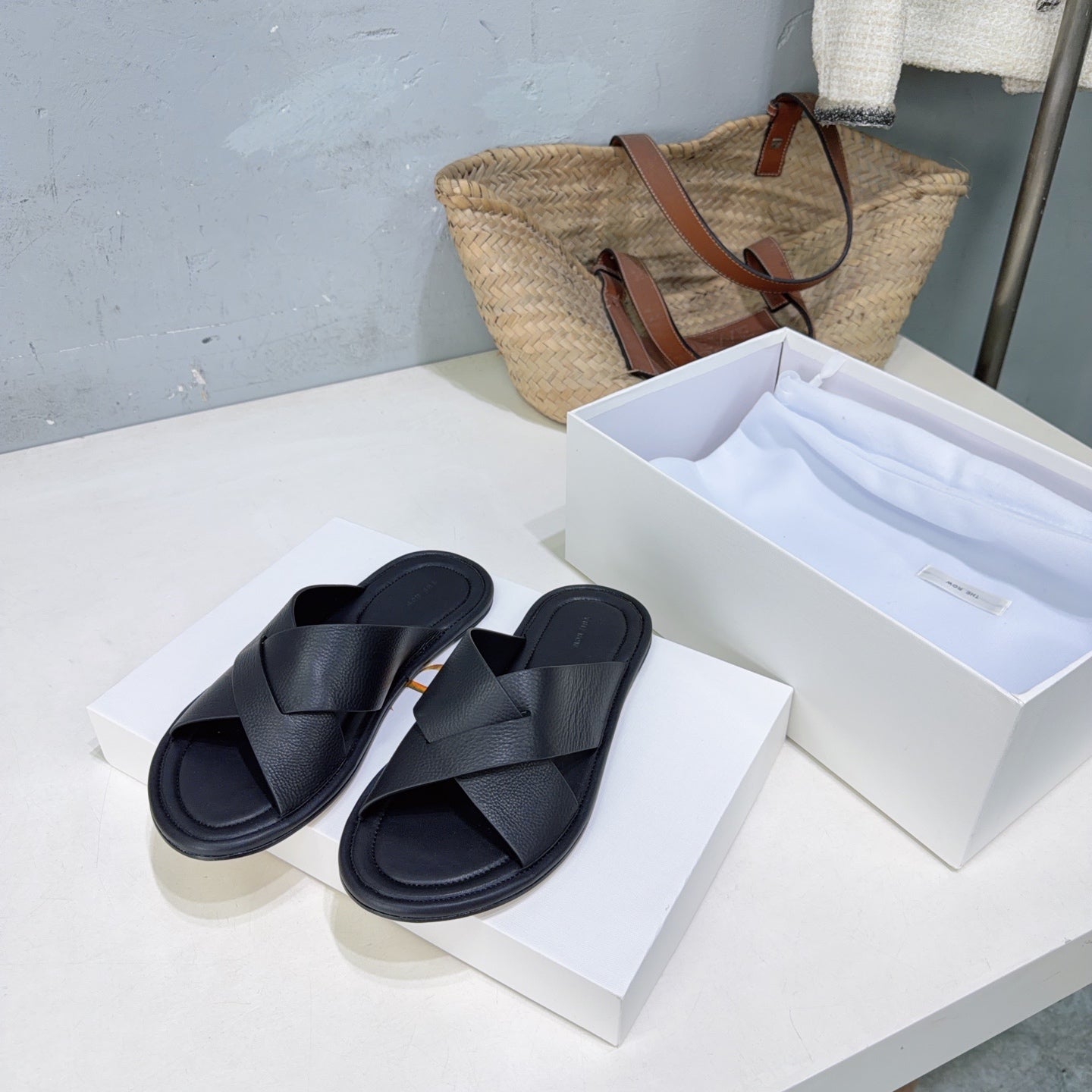 THE ROW 26S SLIDES SANDALS IN BLACK CALFKIN