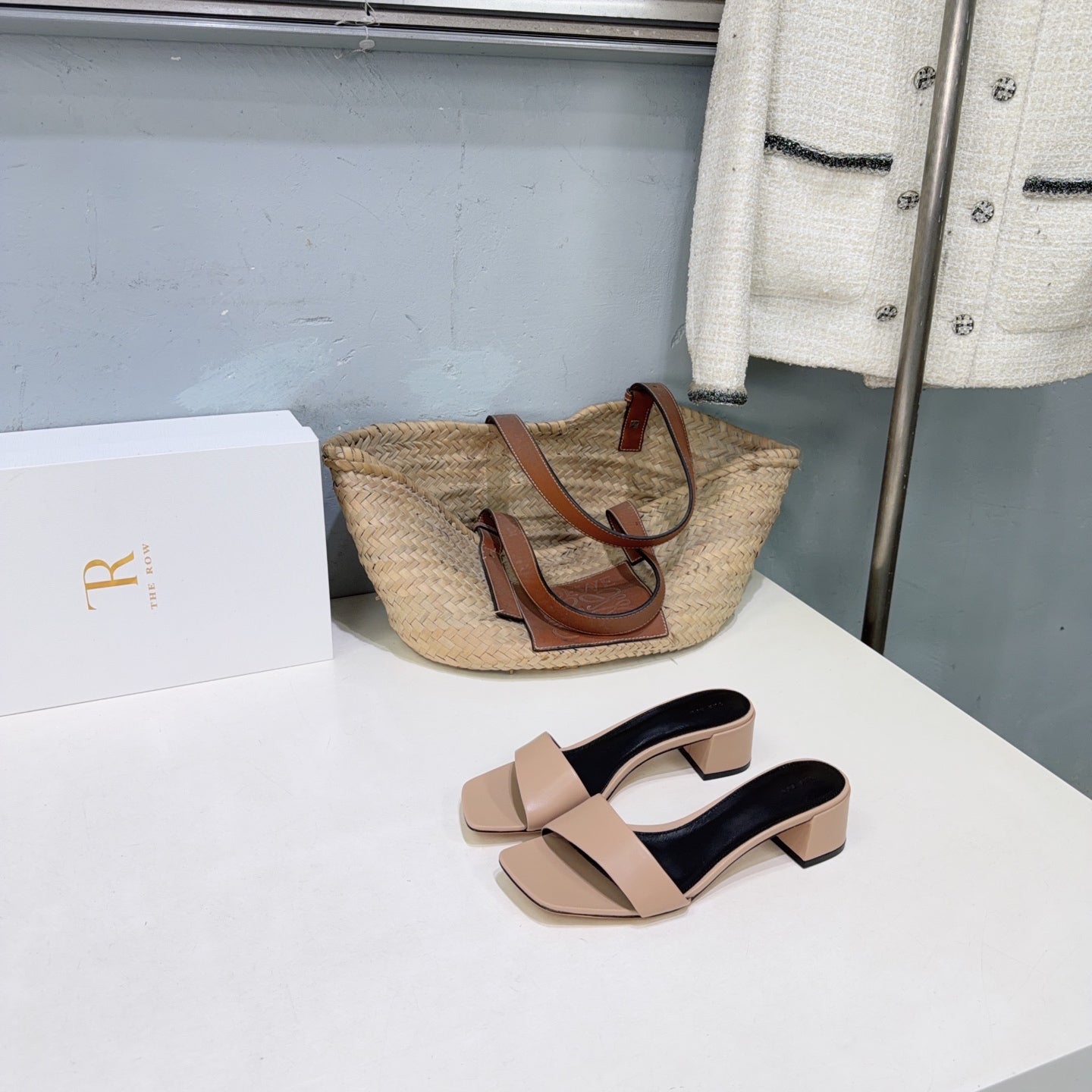 THE ROW 26S SQUARE TOE SLIDE SANDALS 45MM IN NUDE BEIGE CALFSKIN