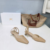 THE ROW 26S SQUARE TOE SLINGBACK HEELS 45MM IN BEIGE CALFSKIN