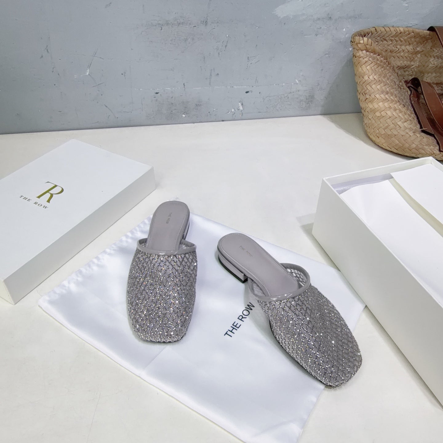 THE ROW 26S MULE FLATS IN GREY MESH FABRIC