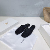 THE ROW 26S MULE FLATS IN BLACK MESH FABRIC
