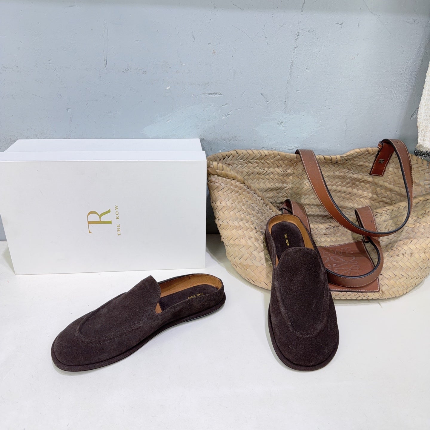 THE ROW 26S LOAFER MULES IN DARK BROWN SUEDE
