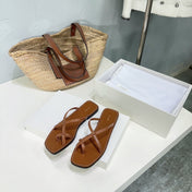 THE ROW 26S FLAT SANDALS IN CARAMEL BROWN CALFSKIN