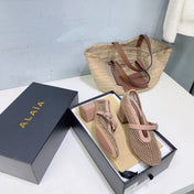 ALAIA 26S HIGH-HEEL MARY JANES 50 MM IN NUDE WOVEN MESH