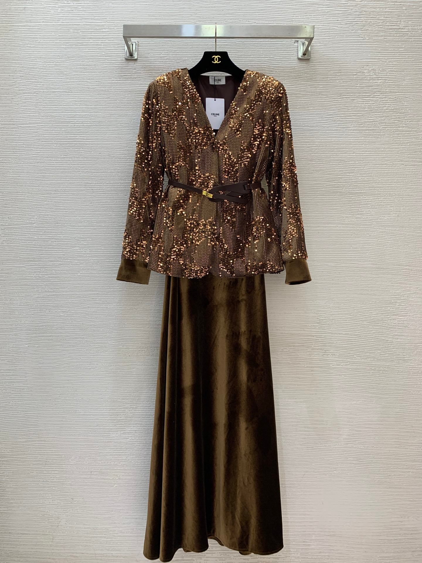 CELINE 26S SEQUIN BLOUSE AND VELVET MAXI SKIRT SET 627