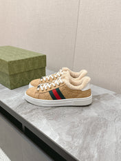 GG ACE SNEAKER WITH WEB IN BEIGE EMBOSSED SUEDE AND WOOL LINING