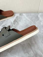 LP 26S LOCK MULE SLIDES IN OLIVE GREEN CALFSKIN SILVER HARDWARE