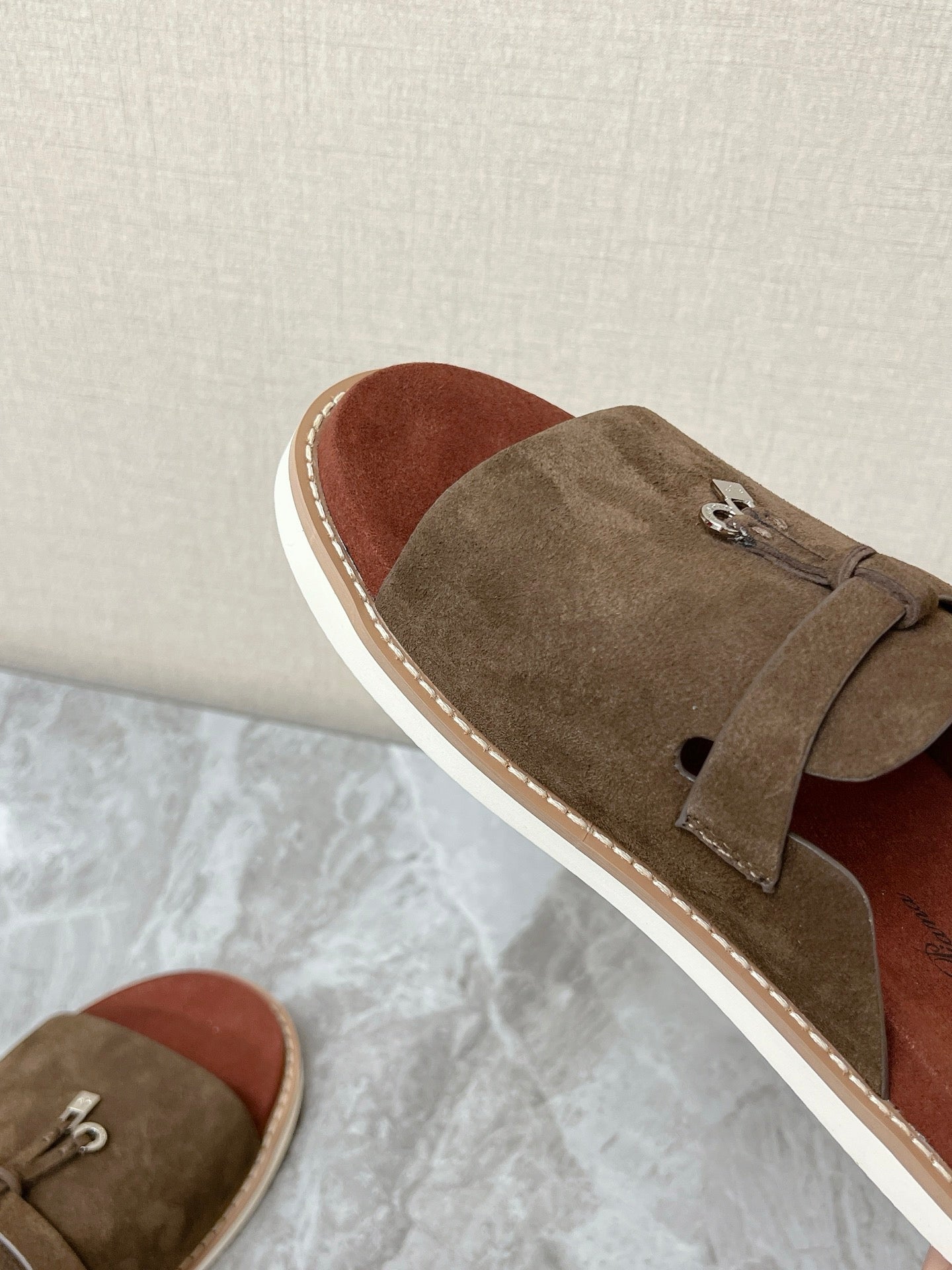 LP 26S LOCK MULE SLIDES IN OLIVE BROWN SUEDE SILVER HARDWARE