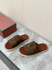 LP 26S LOCK MULE SLIDES IN OLIVE BROWN SUEDE SILVER HARDWARE