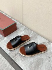 LP 26S LOCK MULE SLIDES IN BLACK GRAINED CALFSKIN SILVER HARDWARE